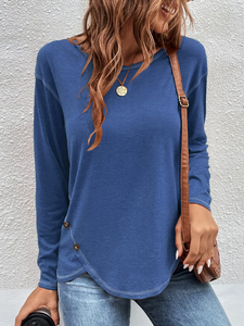 Casual Plain Autumn Cross Neck Micro-Elasticity Jersey Standard Regular H-Line Tunic T-Shirt for Women QAL47