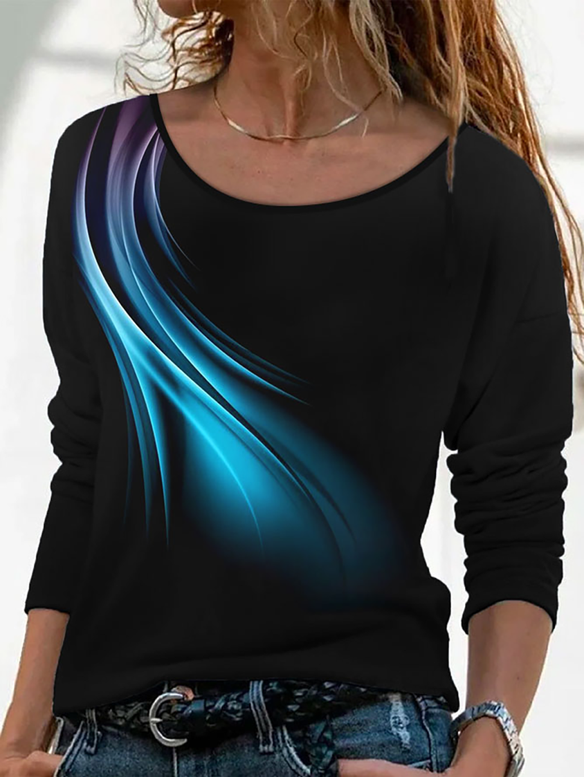 Casual Abstract Autumn Micro-Elasticity Jersey Long sleeve Crew Neck Regular H-Line T-shirt for Women QAL38