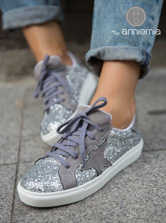 Casual Star Pattern Split Joint Lace-Up Glitter Skate Shoes CN73