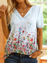 Load image into Gallery viewer, White Floral-Print Cotton-Blend Casual V Neck Top QAE18

