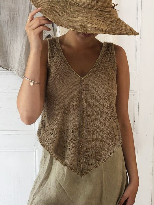 V Neck Cotton And Linen Linen Tank Top  WU67