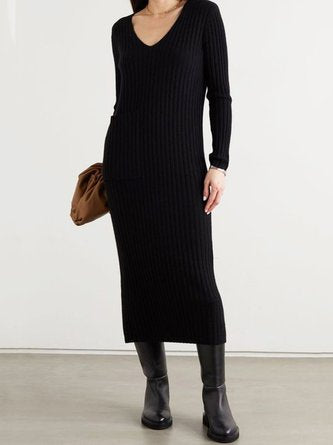 Black V Neck Regular Fit Casual Simple Knitting Dress CY117