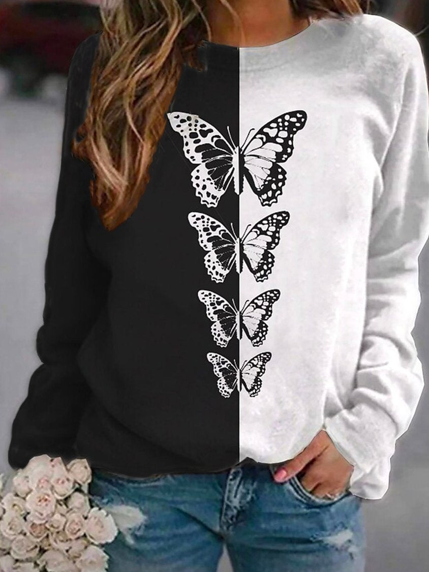 Casual Cotton-Blend Crew Neck Butterfly Sweatshirts QAL52