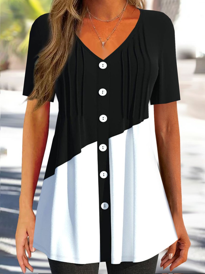V Neck Jersey Buckle Casual Color-block Blouses QAD18