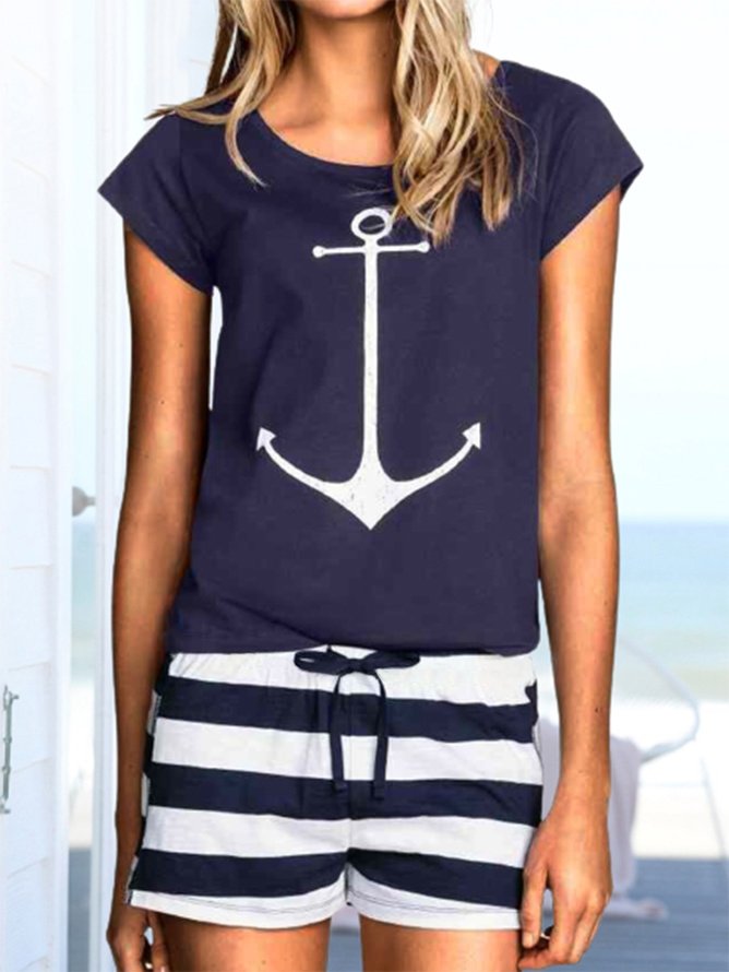Striped Color Block Geometric Short Sleeve Crew Neck Casual Top With Shorts Two-Piece Set MMt33