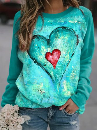 Casual Heart Long Sleeve Round Neck Printed Top Sweatshirt QAL18