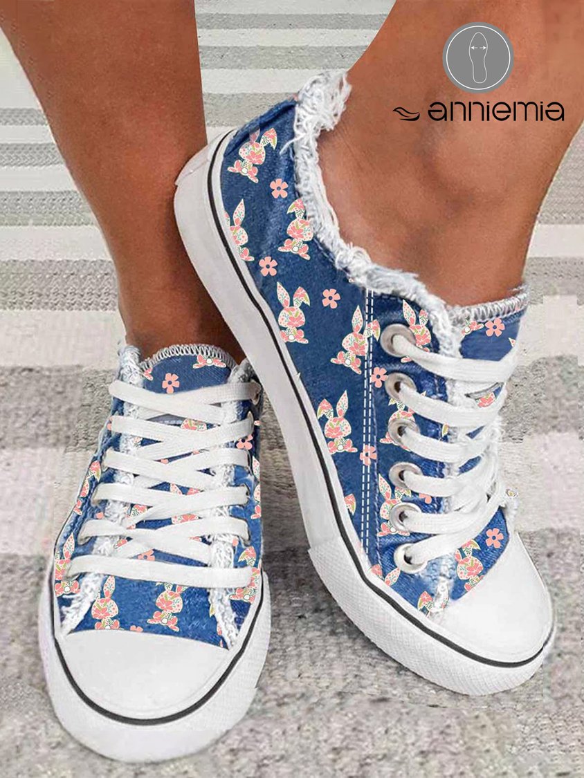Easter Day Bunny Floral Print Casual Lace-Up Canvas Shoes CN37