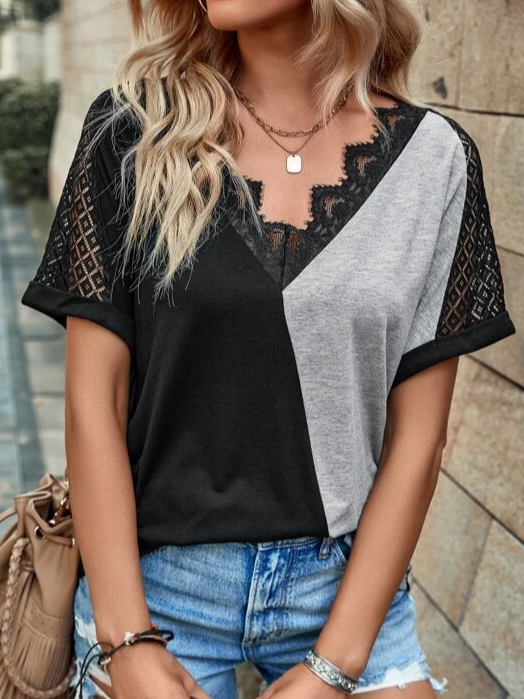 Lace Color Block Casual Knitted T-Shirt OY30