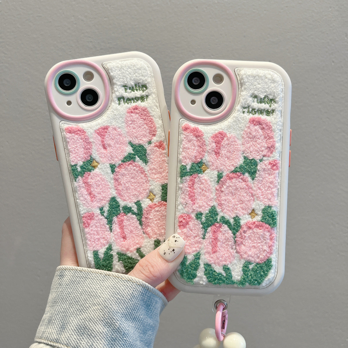 Plush embroidered tulip phone case