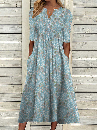 Women&#x27;s Casual Floral Dress Short Sleeve Blue Dress Pocket V Neck Midi Dress NNq25