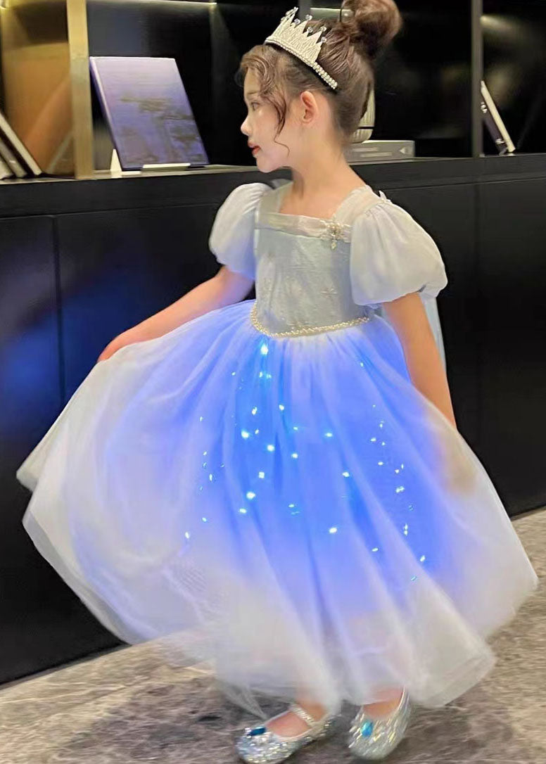 Art Blue Wrinkled Sequins Patchwork Tulle Kids Girls Princess Dresses Summer GR027