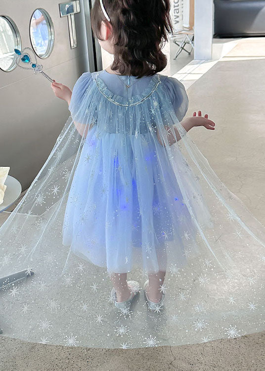 Art Blue Wrinkled Sequins Patchwork Tulle Kids Girls Princess Dresses Summer GR027