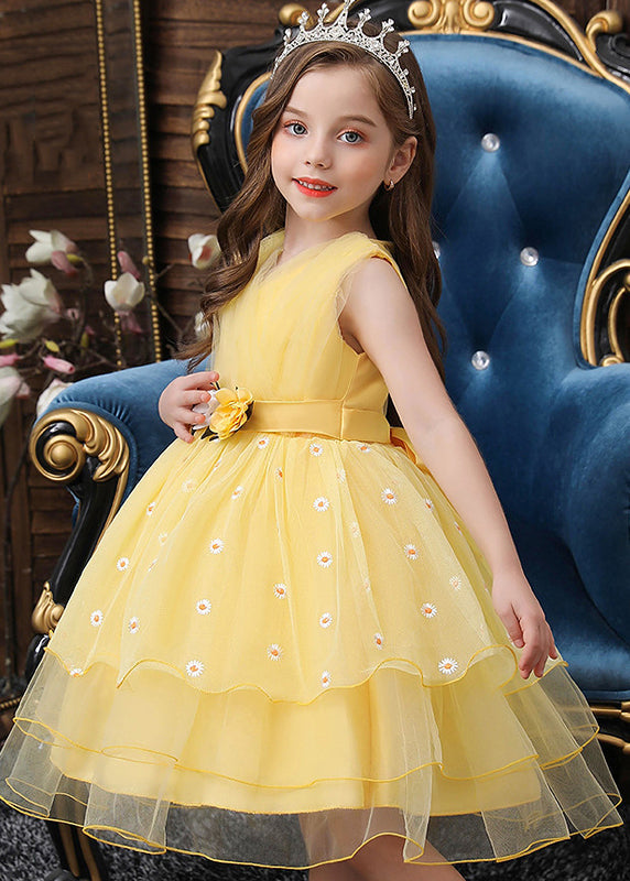 Art Yellow Embroideried Daisy Tulle Baby Girls Party Dress Summer GR047