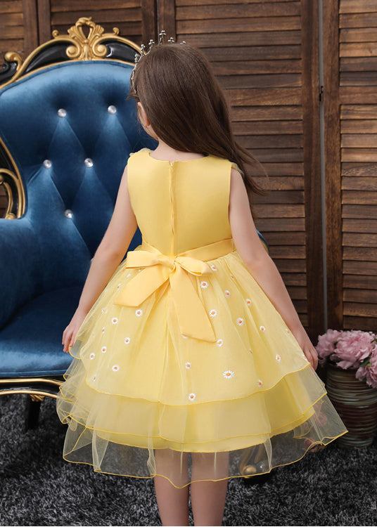 Art Yellow Embroideried Daisy Tulle Baby Girls Party Dress Summer GR047