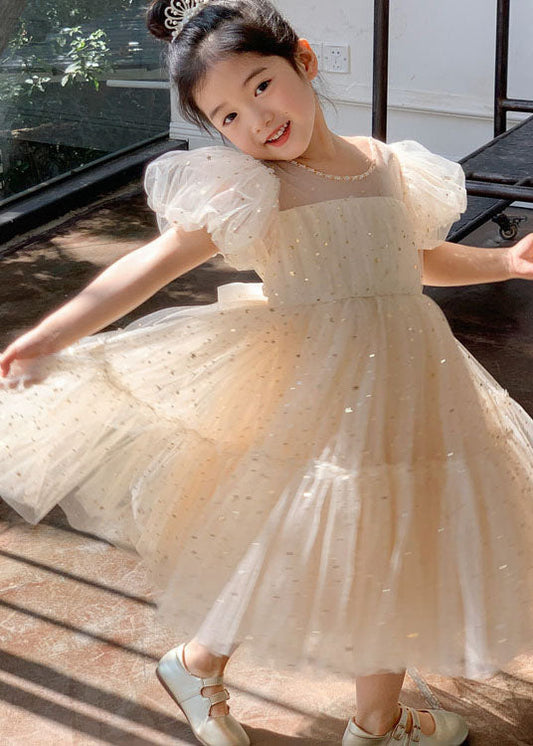 Beautiful Apricot Wrinkled Sequins Patchwork Tulle Kids Girls Dresses Summer GR031