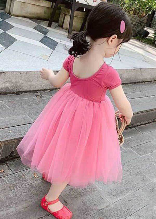 Beautiful Rose Ruffled Patchwork Tulle Kids Girls Off The Back Dress Summer GR015
