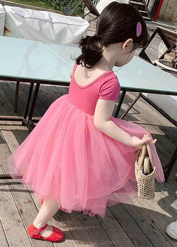Beautiful Rose Ruffled Patchwork Tulle Kids Girls Off The Back Dress Summer GR015
