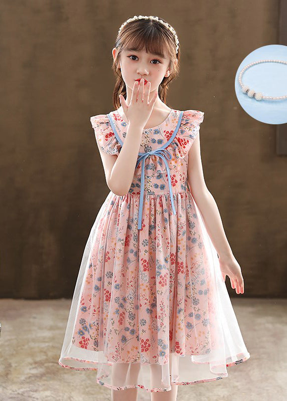 Boutique Pink Cinched Print Tulle Kids Girls Robe Dresses Summer GR049