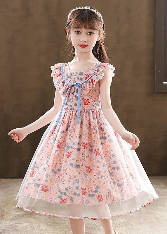 Boutique Pink Cinched Print Tulle Kids Girls Robe Dresses Summer GR049