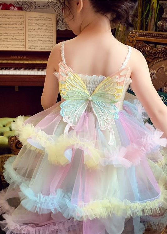 Boutique Rainbow Ruffled Butterfly Patchwork Tulle Kids Girls Dresses Sleeveless GR023