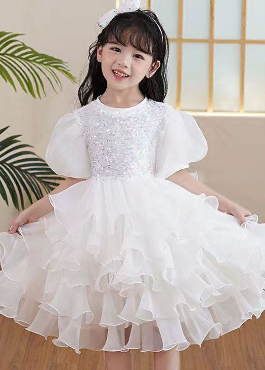 Boutique White Ruffled Sequins Patchwork Tulle Kids Girls Party Dresses Summer GR043