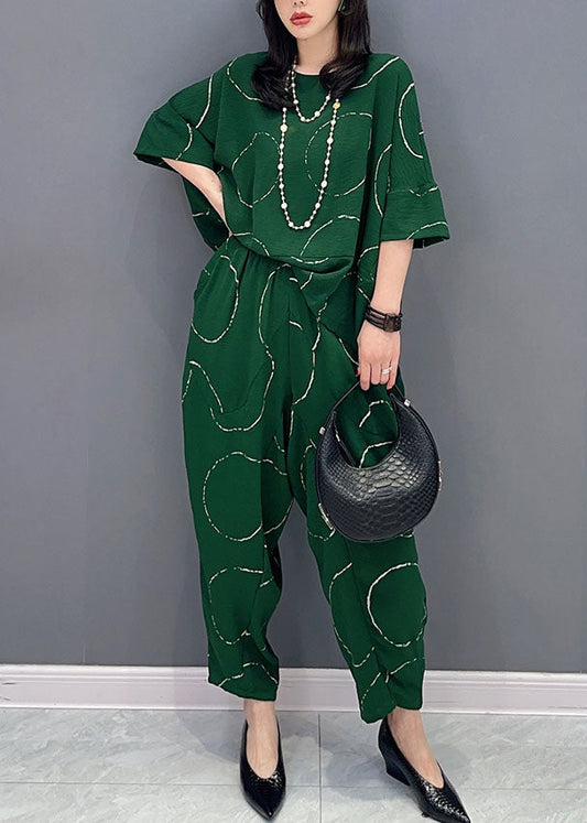 Casual Green O-Neck Print Tops And Pants Patchwork Cotton Two Pieces Set Summer Ada Fashion