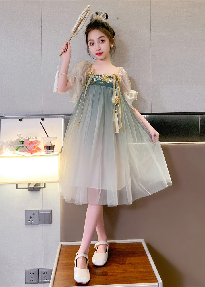 Cute Grey Green Square Collar Embroideried Patchwork Wrinkled Tassel Tulle Kids Girls Maxi Dresses Short Sleeve GR011