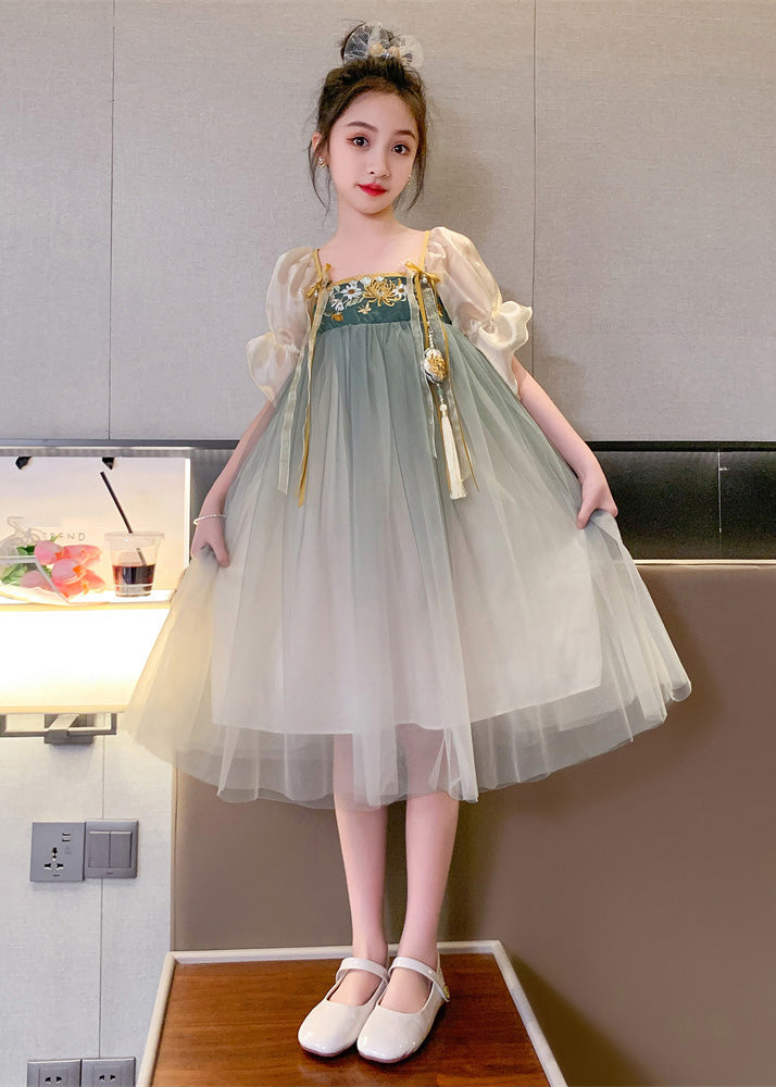 Cute Grey Green Square Collar Embroideried Patchwork Wrinkled Tassel Tulle Kids Girls Maxi Dresses Short Sleeve GR011