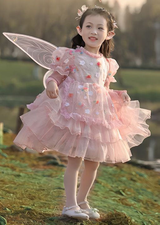 Cute Pink Ruffled Layered Patchwork Tulle Kids Girls Dress Summer GR042