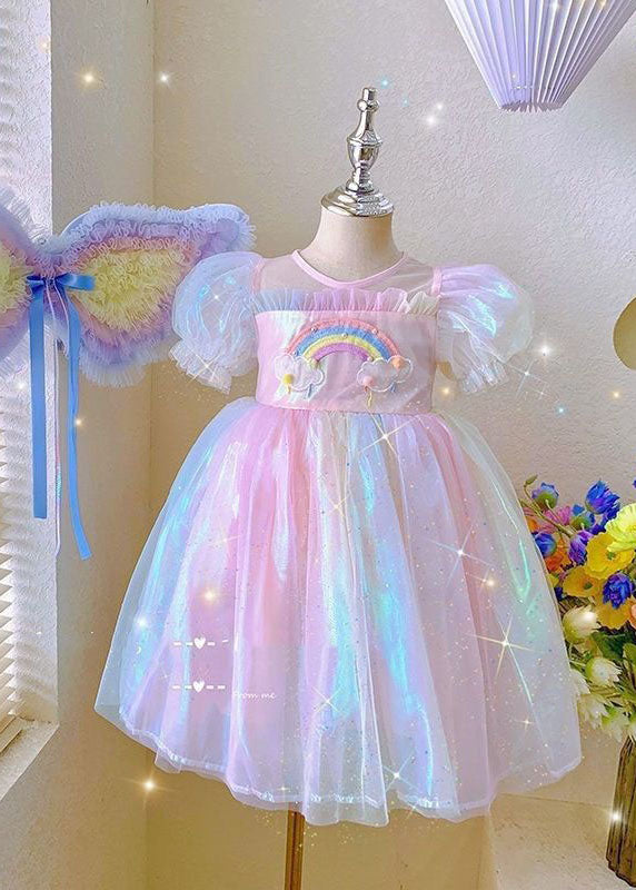 Cute Rainbow Ruffled Patchwork Tulle Baby Girls Dresses Summer GR037