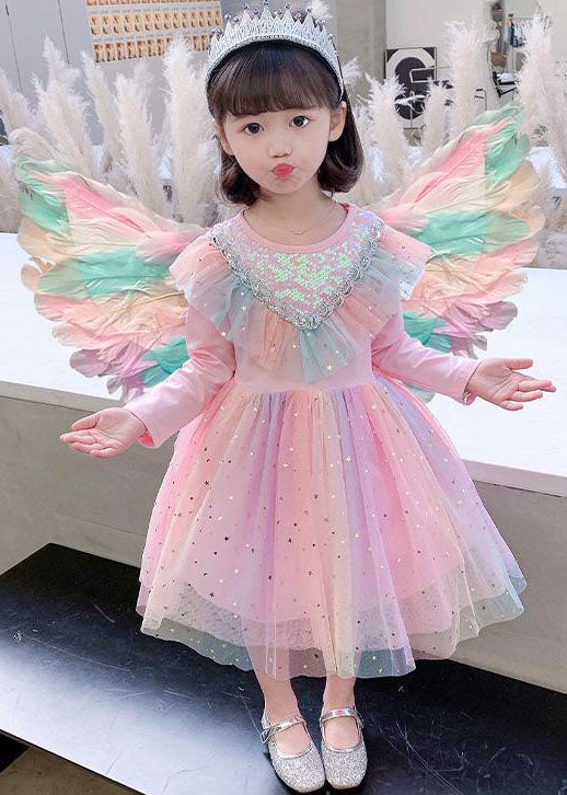 Cute Rainbow Ruffled Sequins Patchwork Tulle Baby Girls Party Dress Long Sleeve GR039