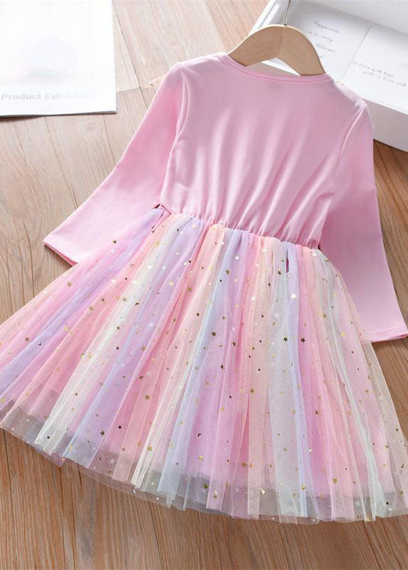 Cute Rainbow Ruffled Sequins Patchwork Tulle Baby Girls Party Dress Long Sleeve GR039