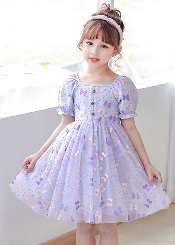 DIY Purple Square Collar Wrinkled Print Patchwork Tulle Baby Girls Dresses Summer GR021