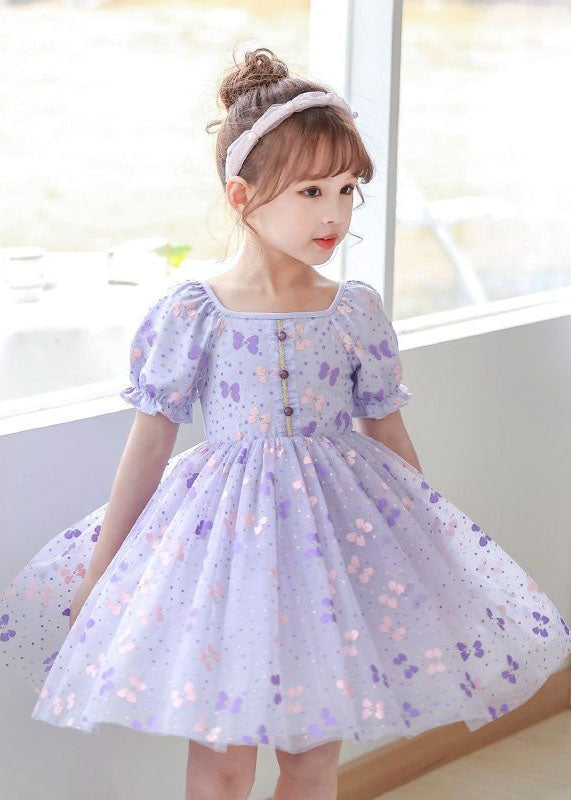DIY Purple Square Collar Wrinkled Print Patchwork Tulle Baby Girls Dresses Summer GR021