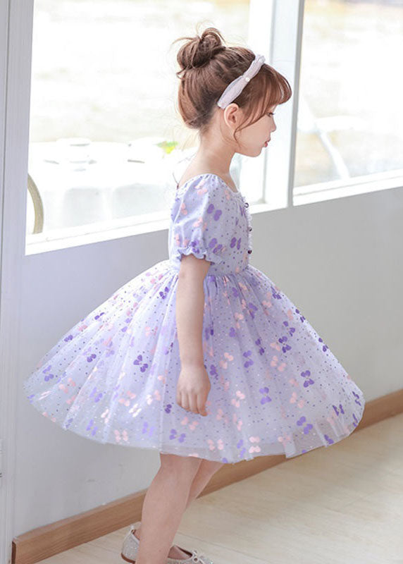 DIY Purple Square Collar Wrinkled Print Patchwork Tulle Baby Girls Dresses Summer GR020