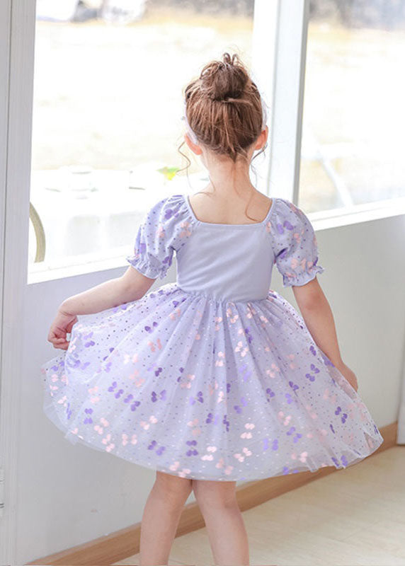 DIY Purple Square Collar Wrinkled Print Patchwork Tulle Baby Girls Dresses Summer GR020