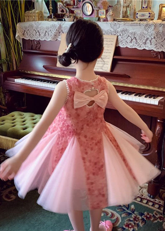 Elegant Pink Bow Nail Bead Patchwork Tulle Baby Girls Princess Dresses Sleeveless GR017