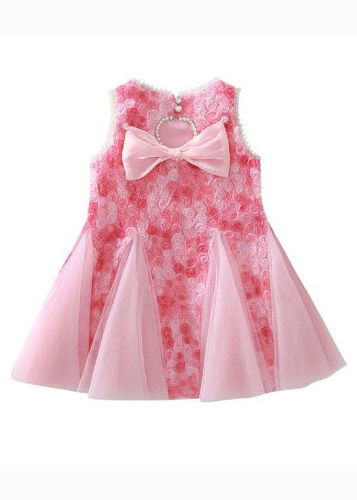 Elegant Pink Bow Nail Bead Patchwork Tulle Baby Girls Princess Dresses Sleeveless GR017