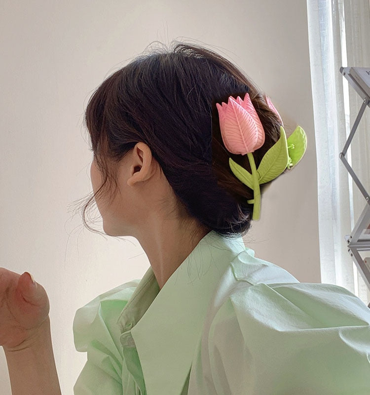 Korean Fashion Pink 3D Tulip Hair Claws Shark Clip Floral Hair Accessories Ada2022