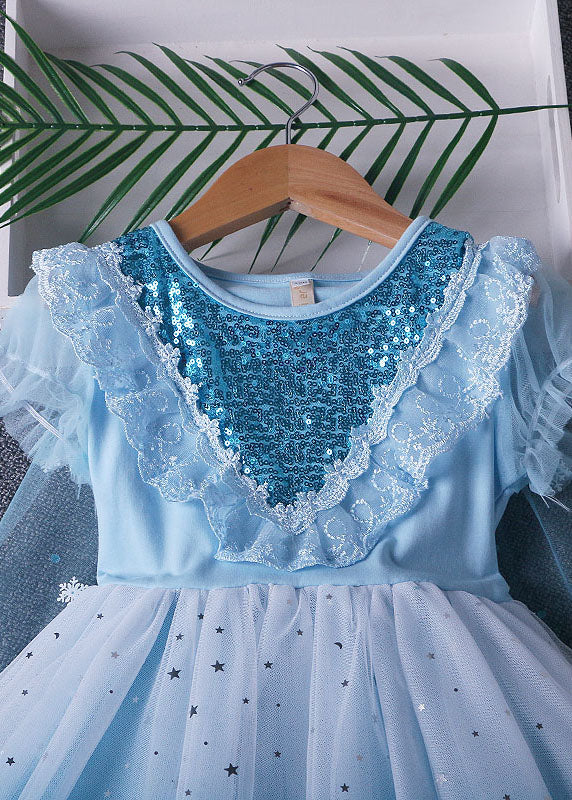 Fine Blue Ruffled Sequins Lace Patchwork Tulle Baby Girls Princess Dress Summer GR044
