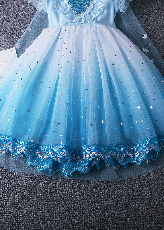 Fine Blue Ruffled Sequins Lace Patchwork Tulle Baby Girls Princess Dress Summer GR044