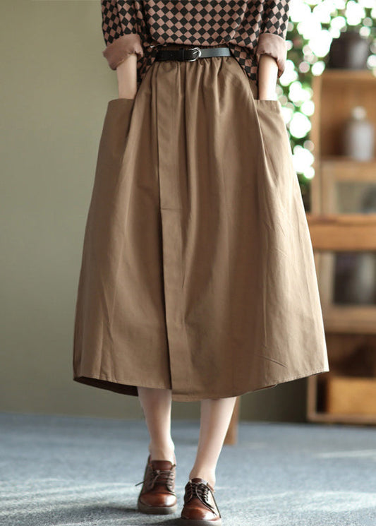 Handmade Khaki Oversized Patchwork Pockets Cotton A Line Skirt Summer Ada Fashion