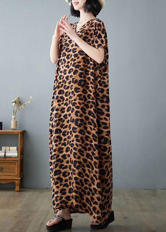 Khaki Leopard Print Linen Holiday Dress V Neck Summer