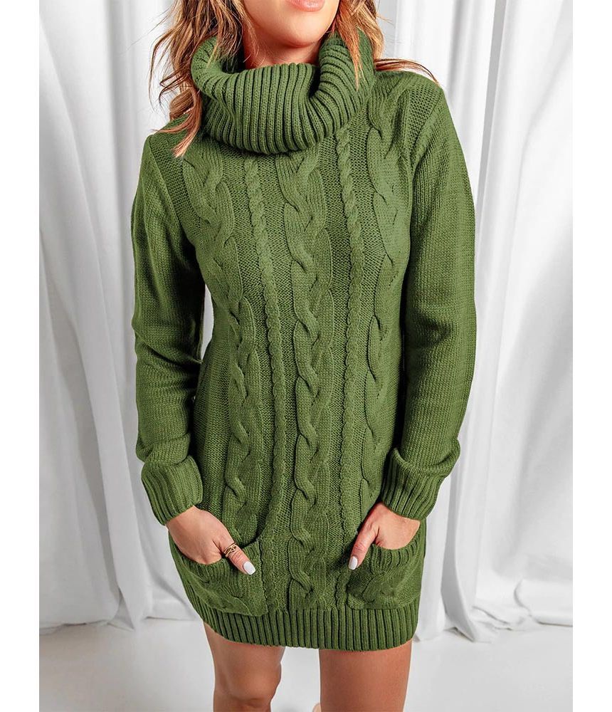 Turtleneck Plain Cable Knit Mini Sweater Dress YR4058