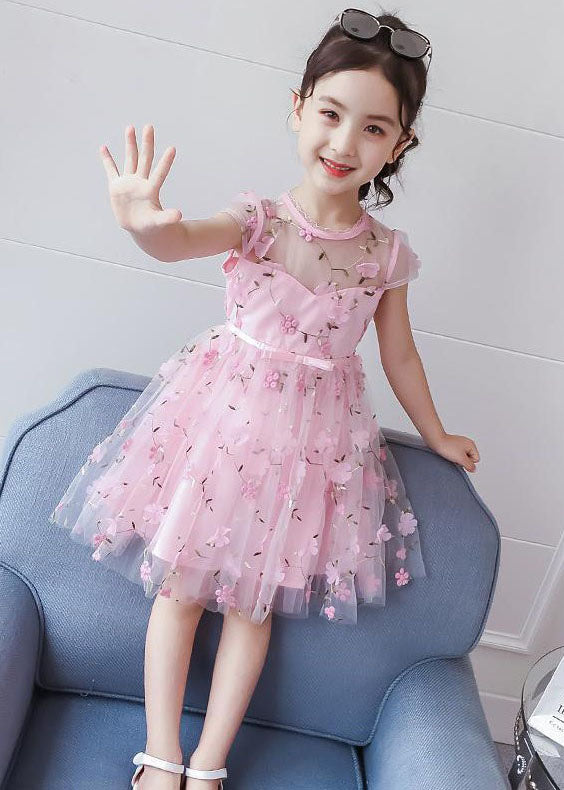 Lovely Pink Floral Decorated Patchwork Tulle Baby Girls Princess Dresses Summer GR046