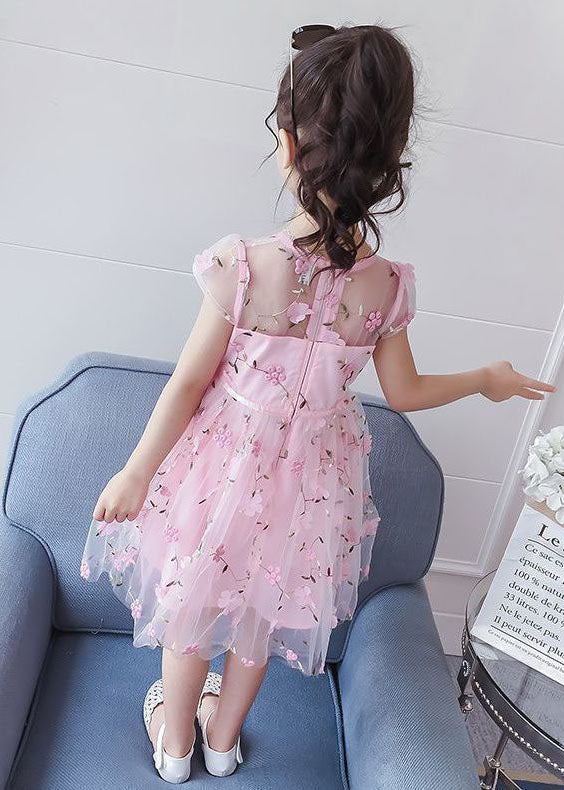 Lovely Pink Floral Decorated Patchwork Tulle Baby Girls Princess Dresses Summer GR046