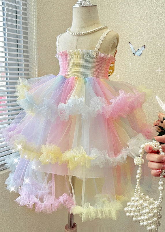 Lovely Rainbow Ruffled Layered Patchwork Tulle Baby Girls Dresses Sleeveless GR036