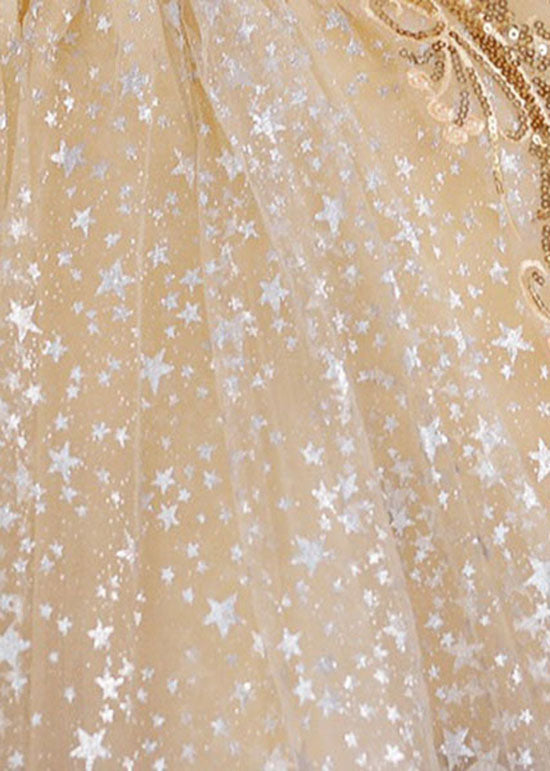 New Gold Sequins Wrinkled Bow Patchwork Tulle Kids Girls Party Dress Summer GR024