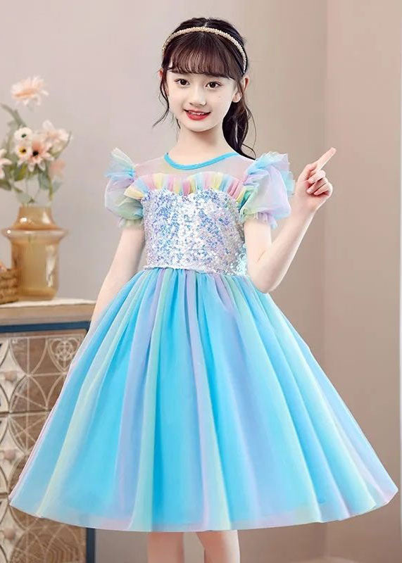 New Light Blue Ruffled Sequins Patchwork Tulle Baby Girls Party Dress Summer GR029