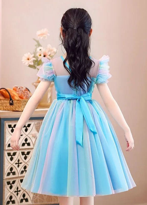New Light Blue Ruffled Sequins Patchwork Tulle Baby Girls Party Dress Summer GR029